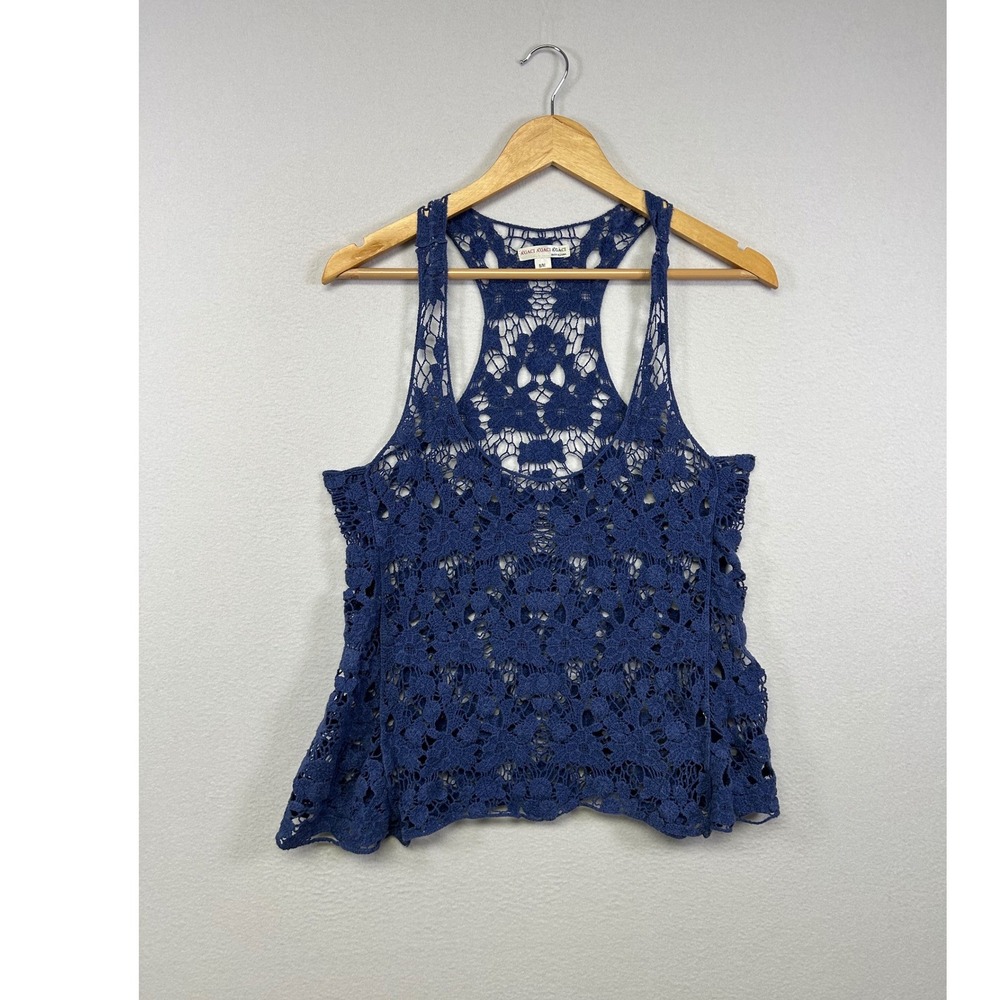 Boho Festival A'Gaci Womens S/M Blue Crochet Floral Lace Racerback Tank Top